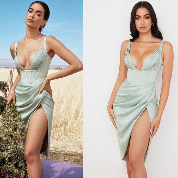 HOUSE OF CB 'Faye' Pistachio Satin Corset Midi Dress NWOT